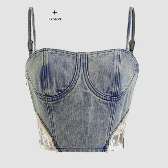 Cider Denim Square Neck Lace Bustier Crop Cami Top - Picture 1 of 5